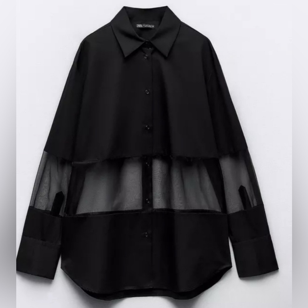 Zara Black Sheer stripe long  Sleeve Shirt